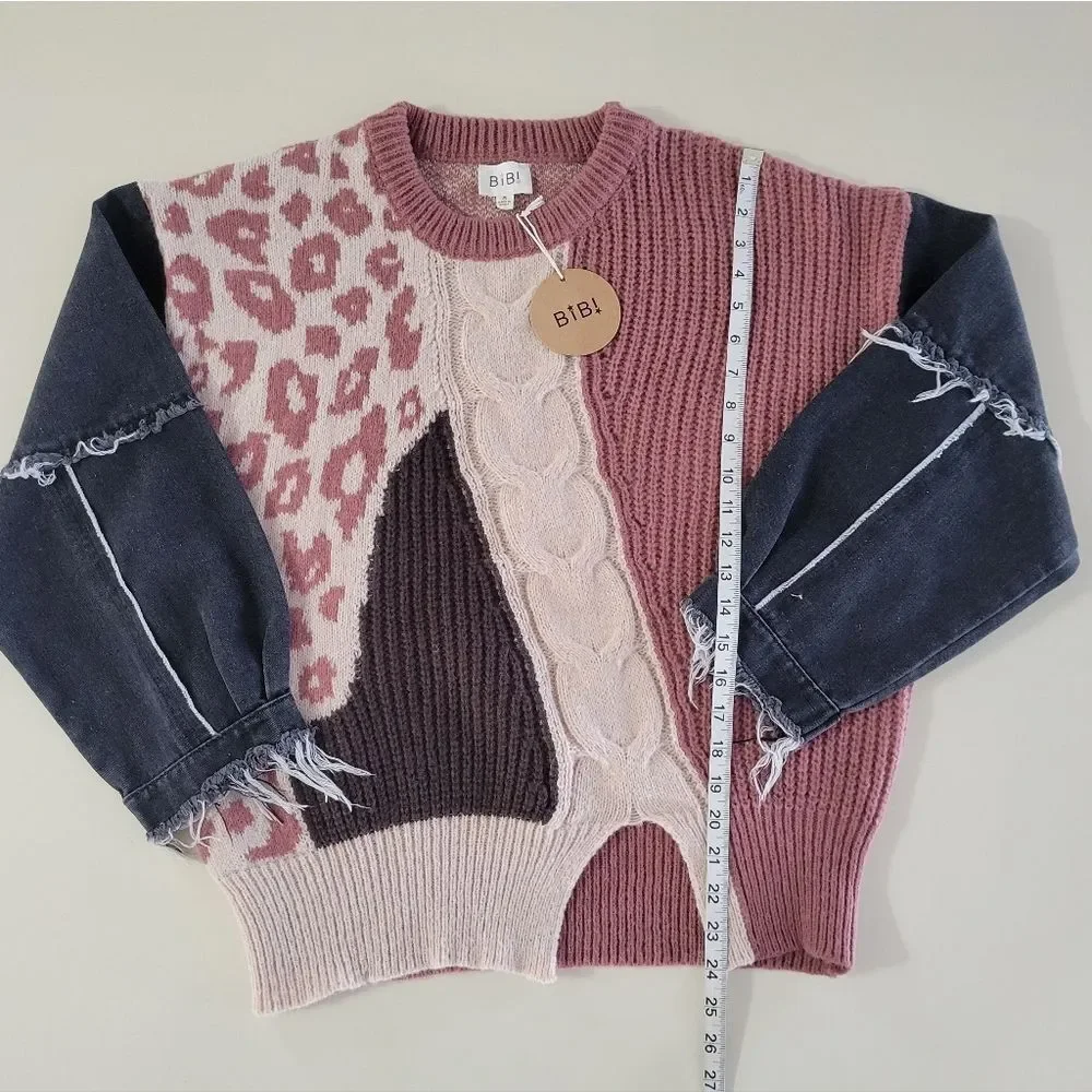 BiBi Denim Sleeve Leopard Sweater Rose Creme Black - Picture 6 of 16
